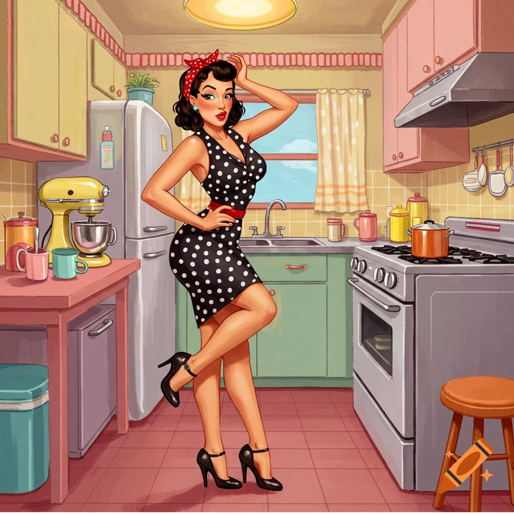 A pinup woman in a polka dot dress posing in a retro 1950s kitchen.