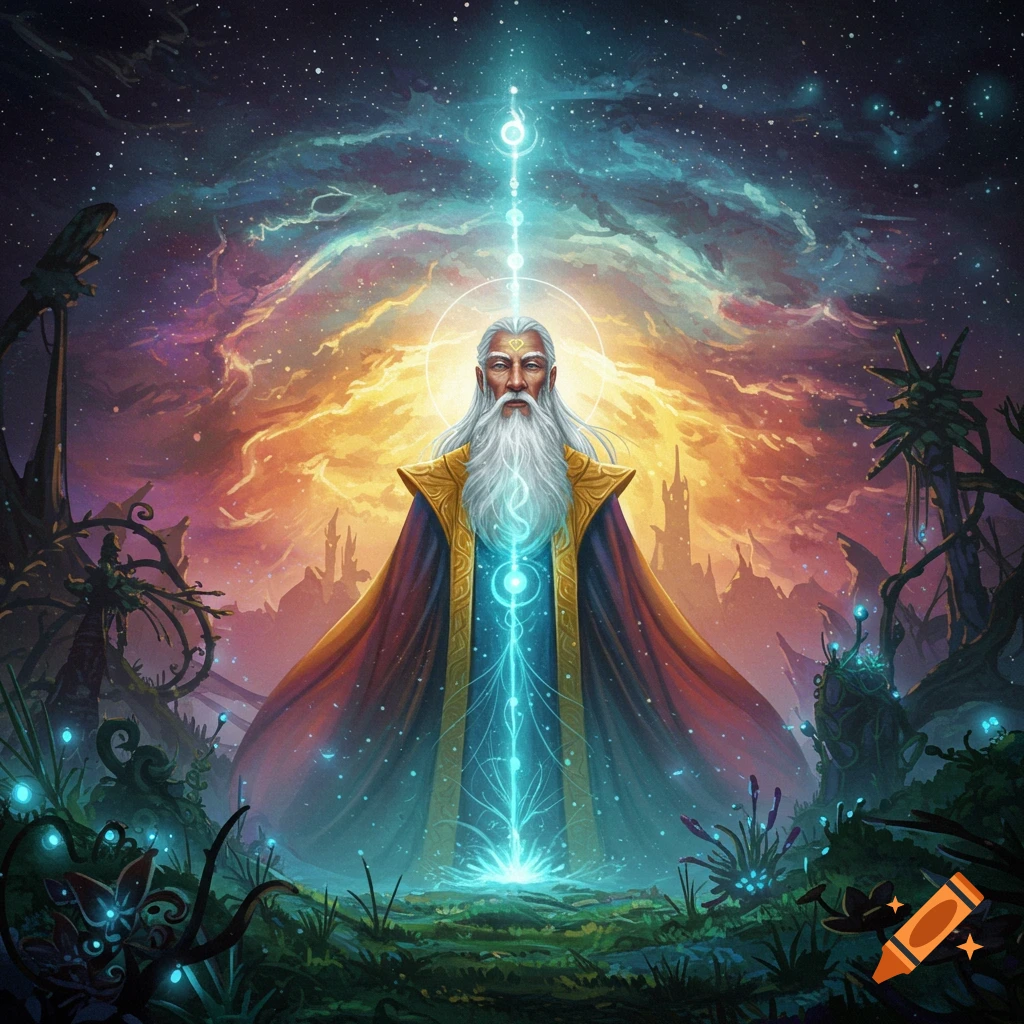 A wise old wizard with a long beard stands in a fantasy landscape with flowing magical light and a starry, colorful sky.