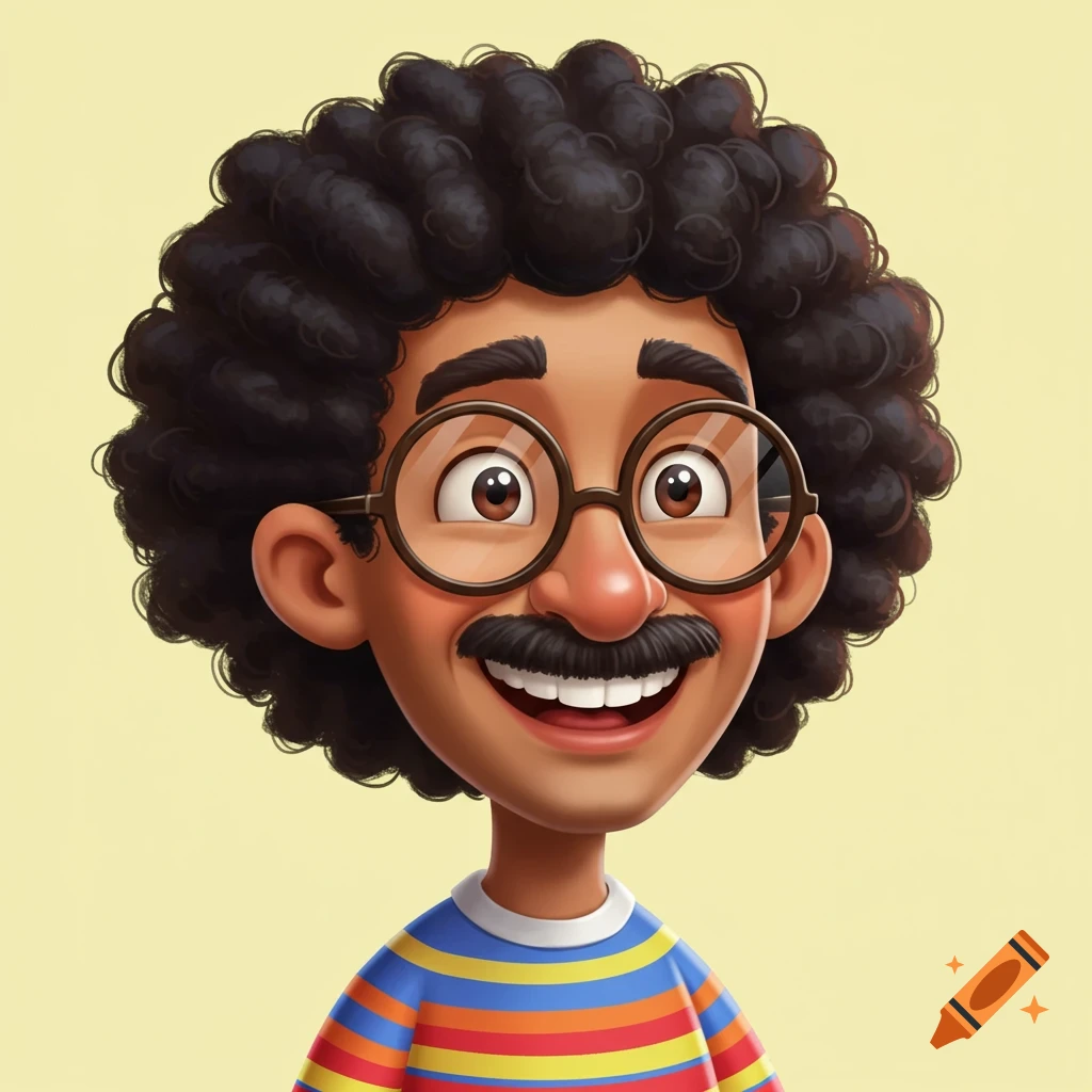 A smiling cartoon man with curly hair, glasses, and a mustache wearing a striped shirt.