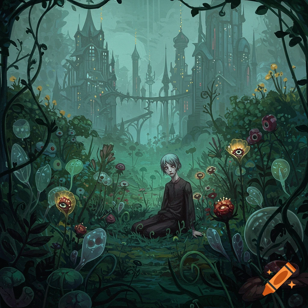 A figure is depicted in a dark fantasy garden filled with eye-like flowers, with a distant castle visible.