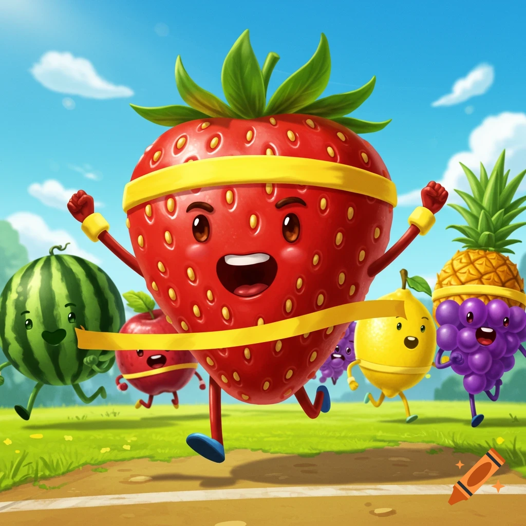 Cartoon fruits racing, with a strawberry character breaking the finish line tape ahead of watermelon, apple, lemon, and grapes.