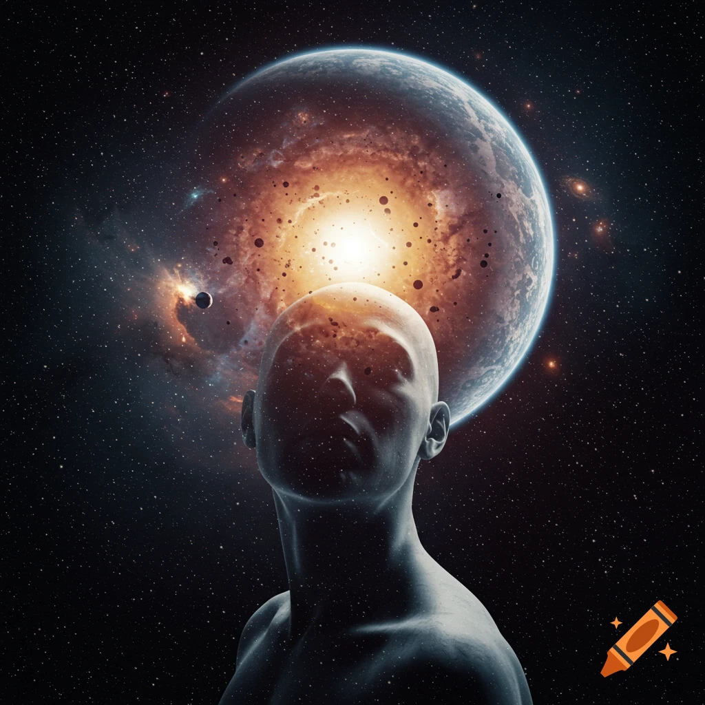 Conceptual image of a human head overlaid with a swirling galaxy and stars