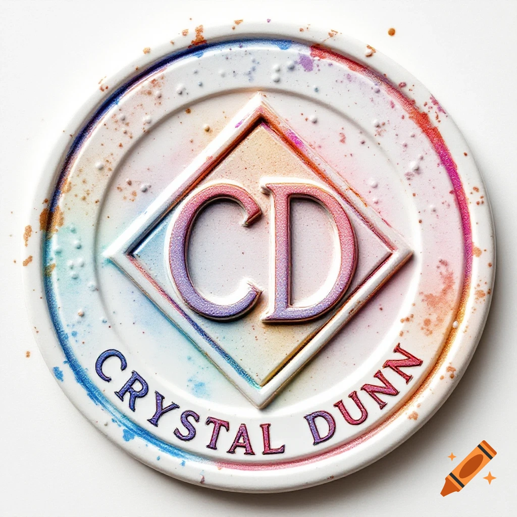 A round stamp with "CD" in a diamond and "CRYSTAL DUNN" text, decorated with colorful paint splatters.