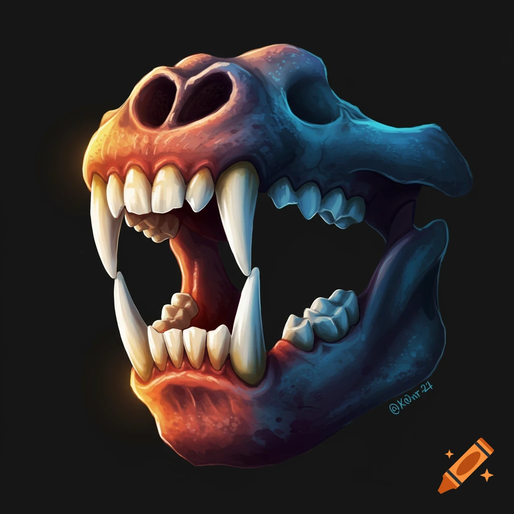 Stylized creature's skull with sharp fangs and teeth, lit with warm and cool colors on a black background.