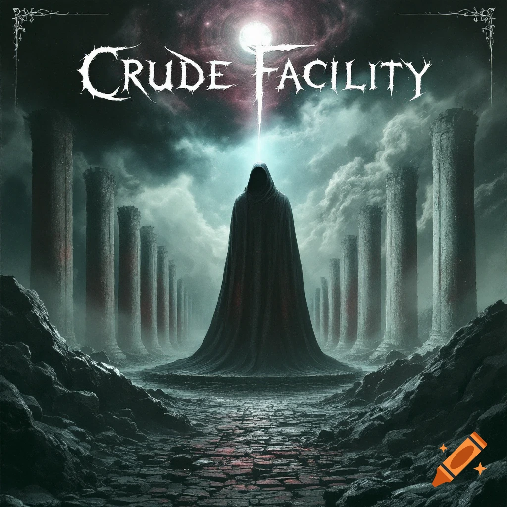 A dark hooded figure stands among tall columns under an ominous sky with the text 'Crude Facility'.