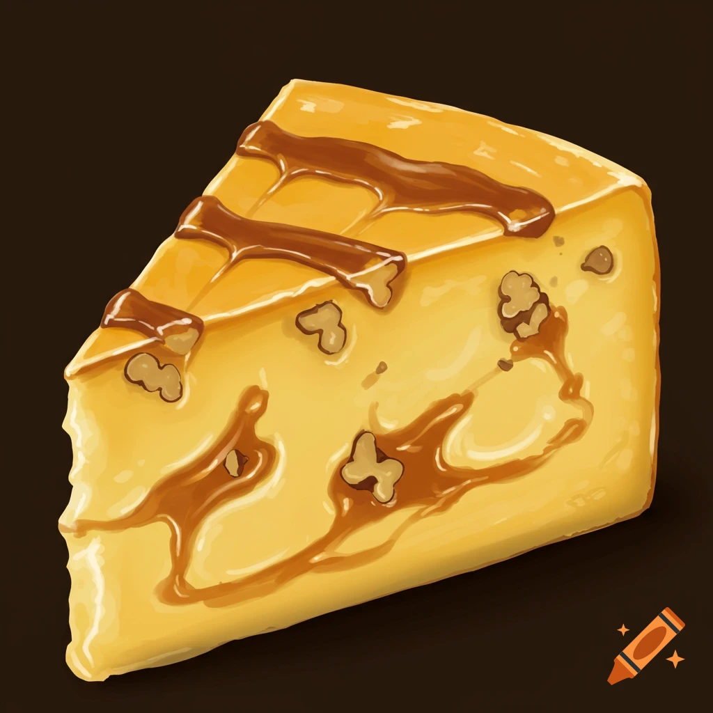 A slice of cheesecake with caramel drizzle and nuts.