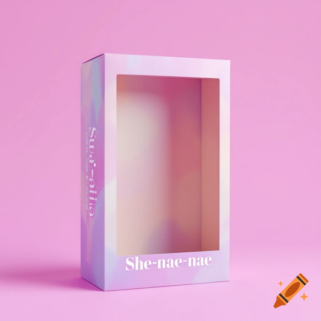 An empty pink Barbie-style box with pastel colors and text on a pink background.