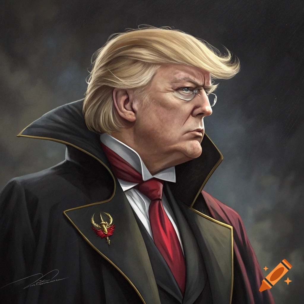 Portrait of Donald Trump in a dramatic high-collared coat and monacle, like a fantasy character or vampire