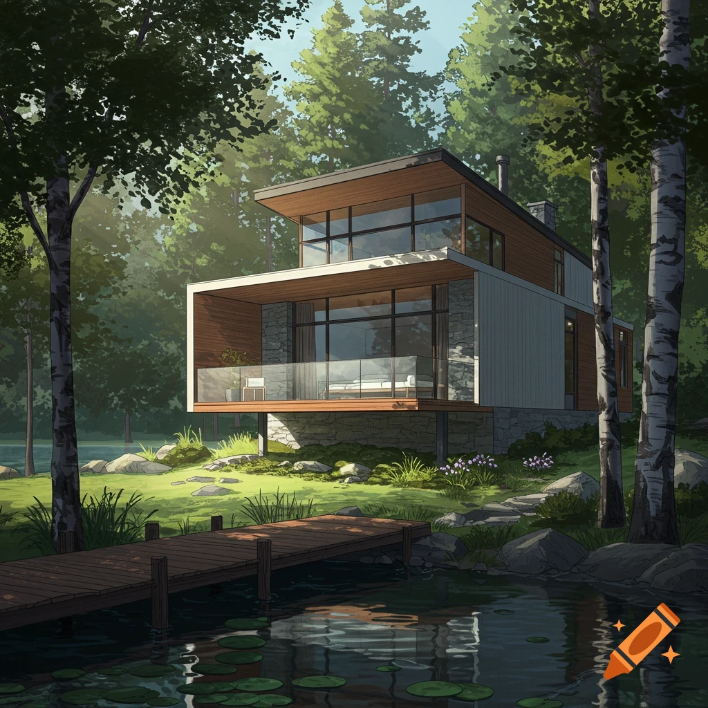 A modern lakehouse on a lake, surrounded by trees, with a wooden walkway.
