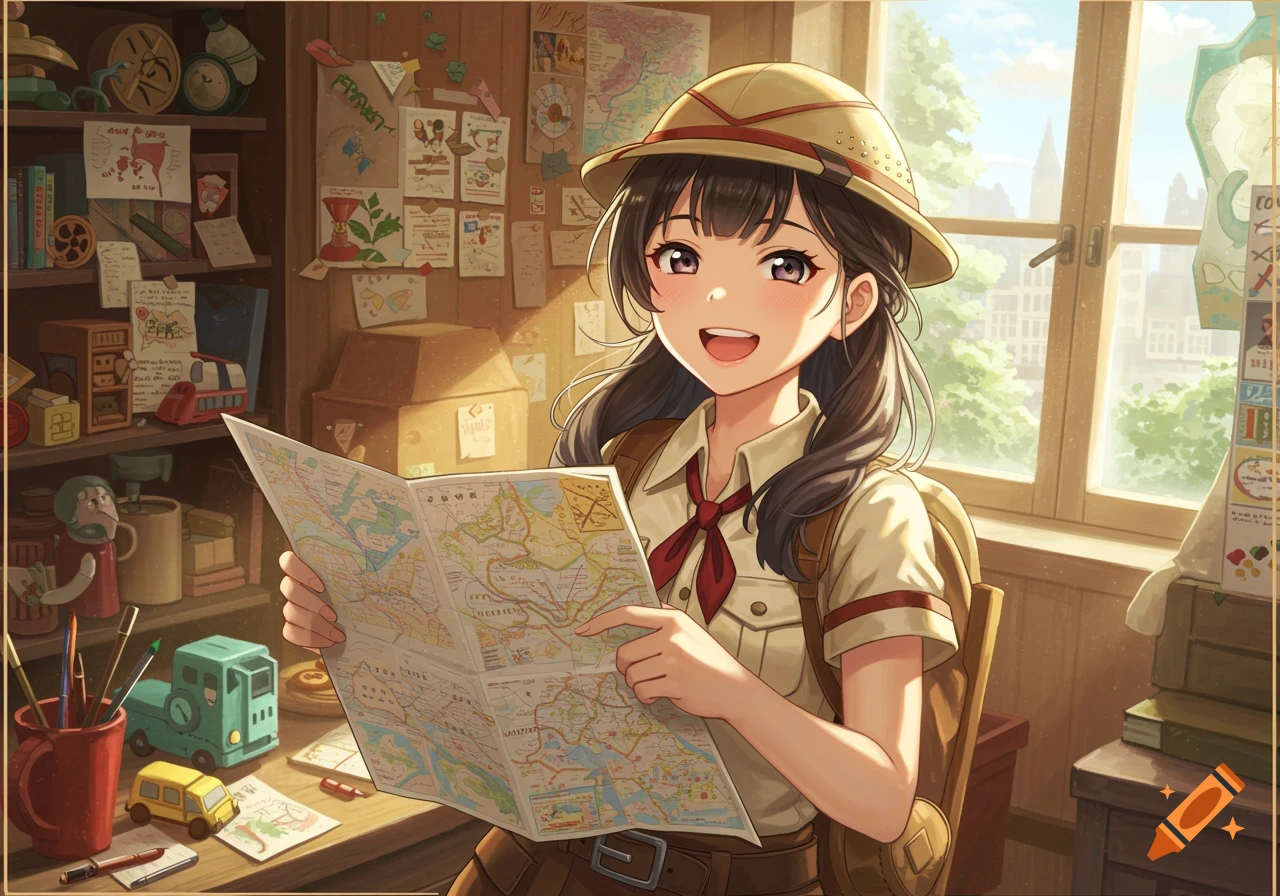 Anime girl dressed as explorer looking at a map in a room filled with maps and toys.
