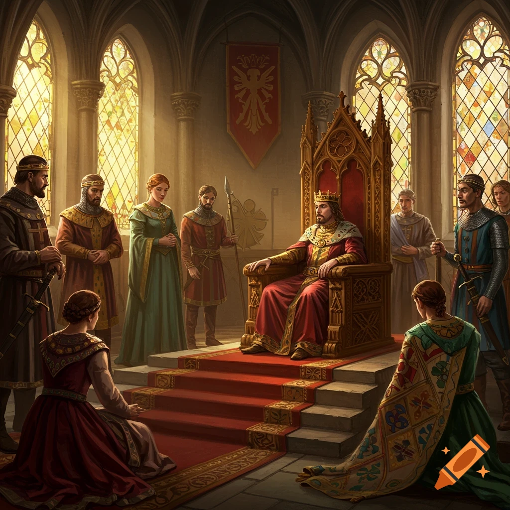 A king sits on an ornate throne in a grand hall with courtiers standing and kneeling before him.