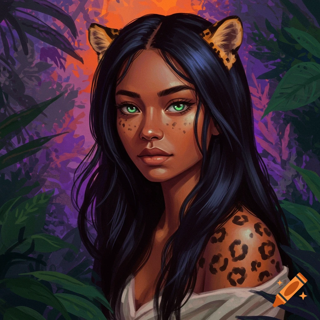 Portrait of a woman with jaguar ears and spots in a jungle