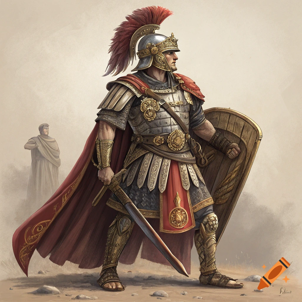 A fully armored Roman centurion holding a sword and shield stands in a desert landscape.