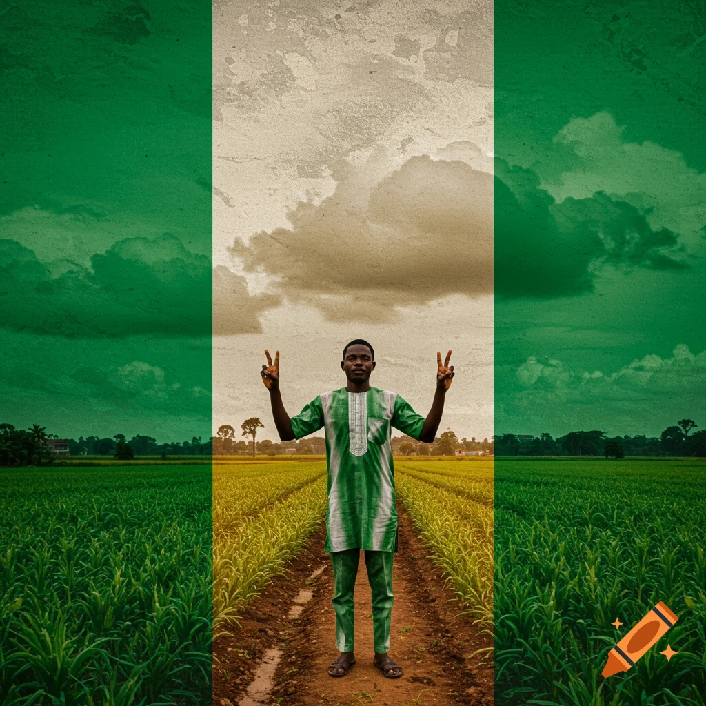 Man in Nigerian traditional clothes making peace signs in a field with Nigerian flag overlay