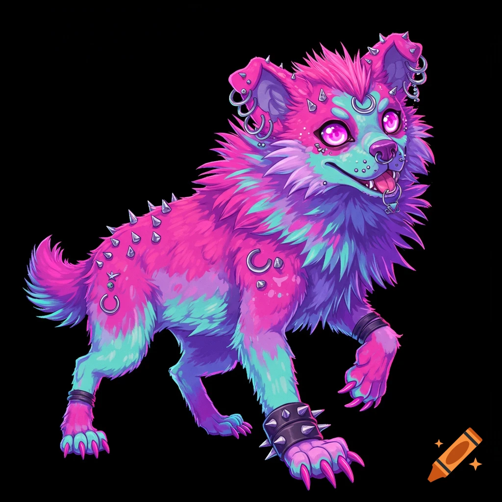 Stylized pink, blue, and purple creature with piercings, spikes, and large claws on a black background.