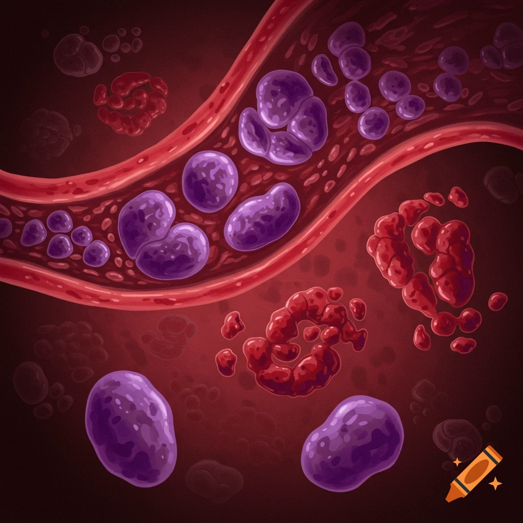 Red and purple blood cells flowing in a blood vessel.