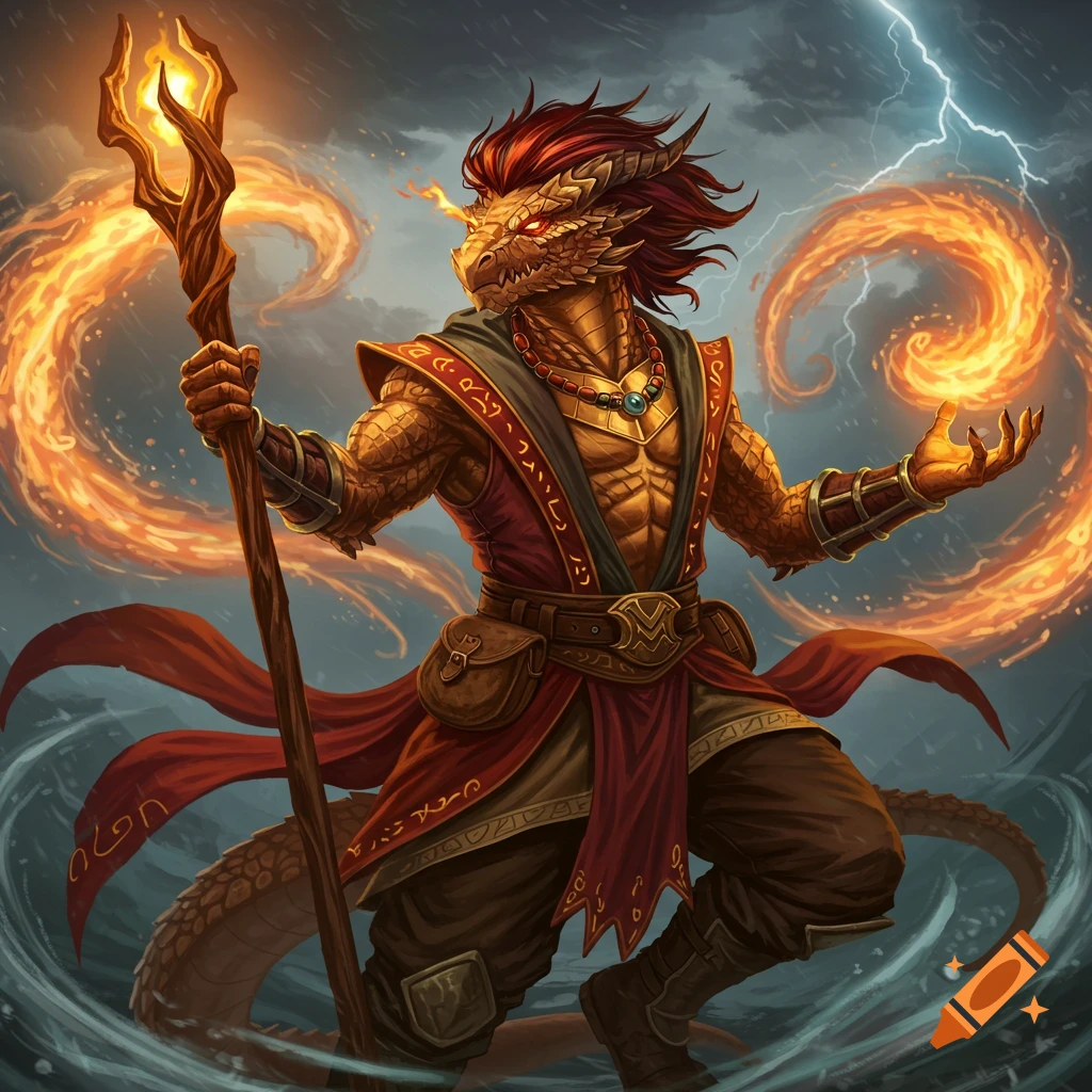 A Dragonborn elemental sorcerer with a staff, manipulating fire in a storm.