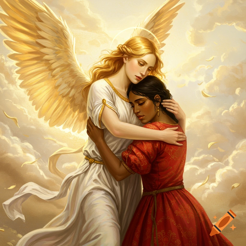 A golden-winged angel embracing a woman in a cloudy sky.