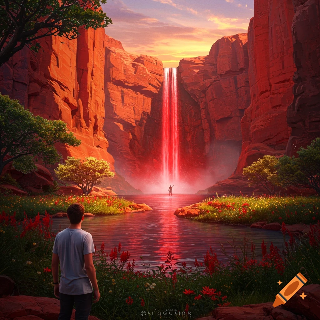 A man looks at a red waterfall cascading into a pool in a vibrant red canyon.