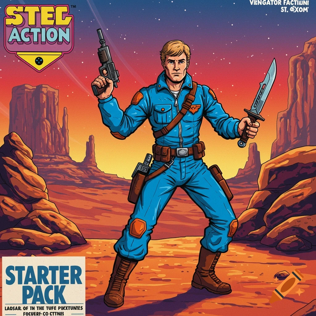 Action figure character in a desert holding a gun and knife, styled like a retro product box