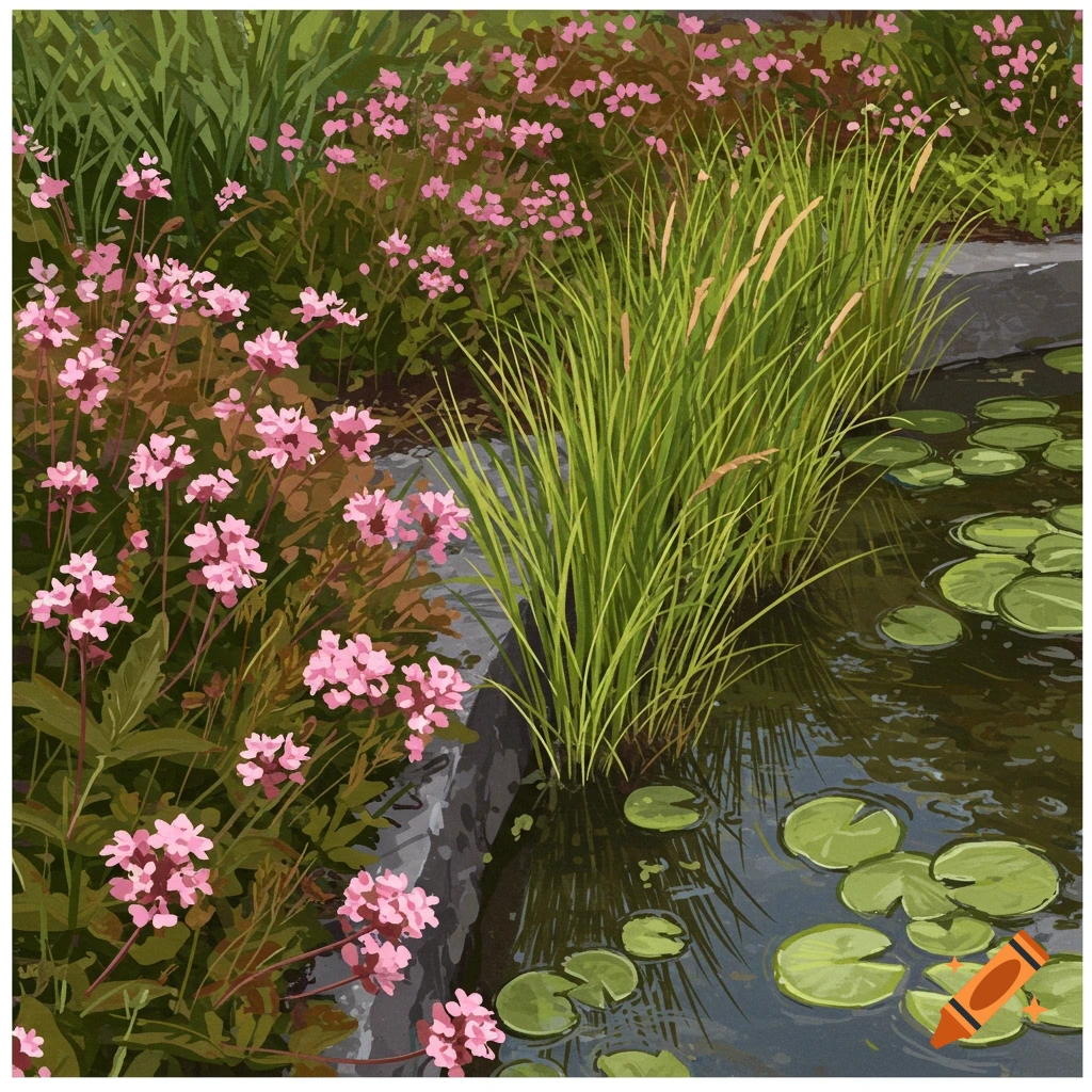 A rain garden with pink flowers, tall grass, and lily pads on a pond.