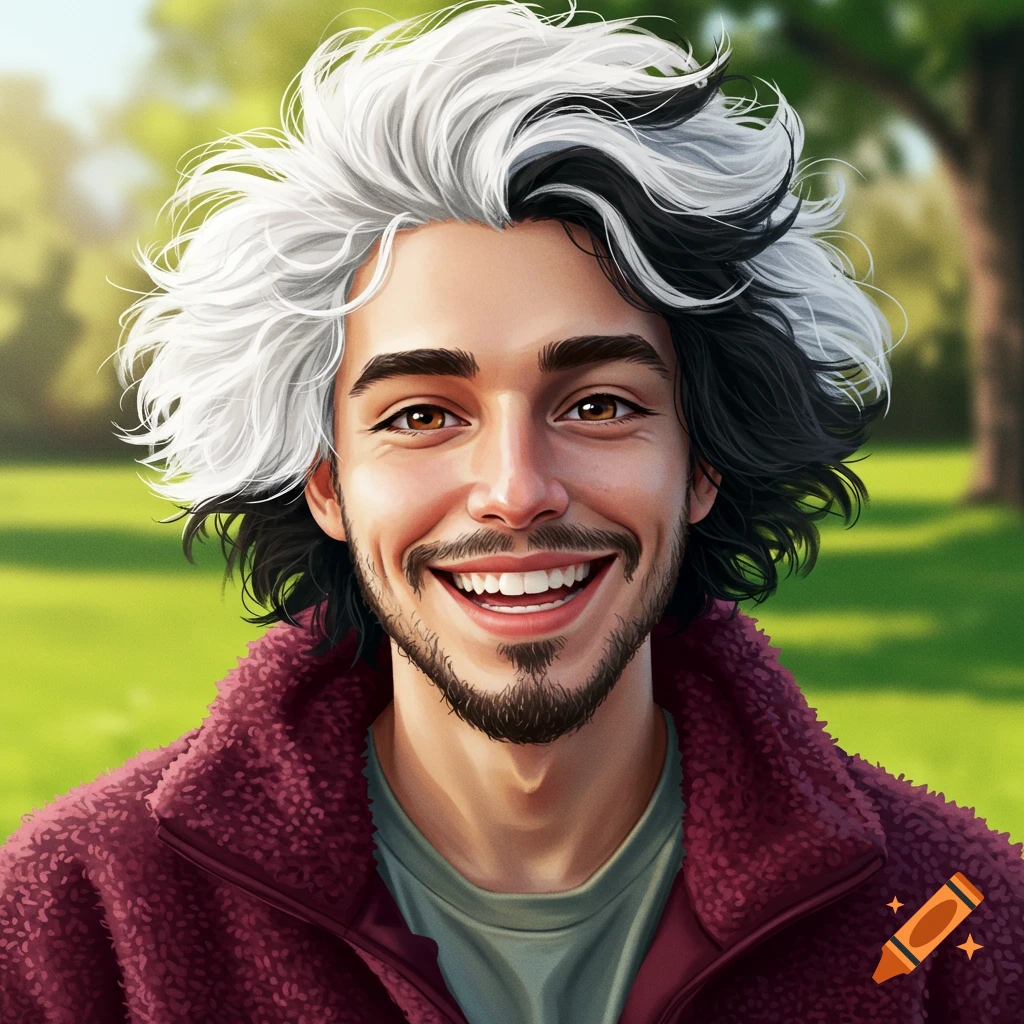 A young man with black and white hair smiles in a park
