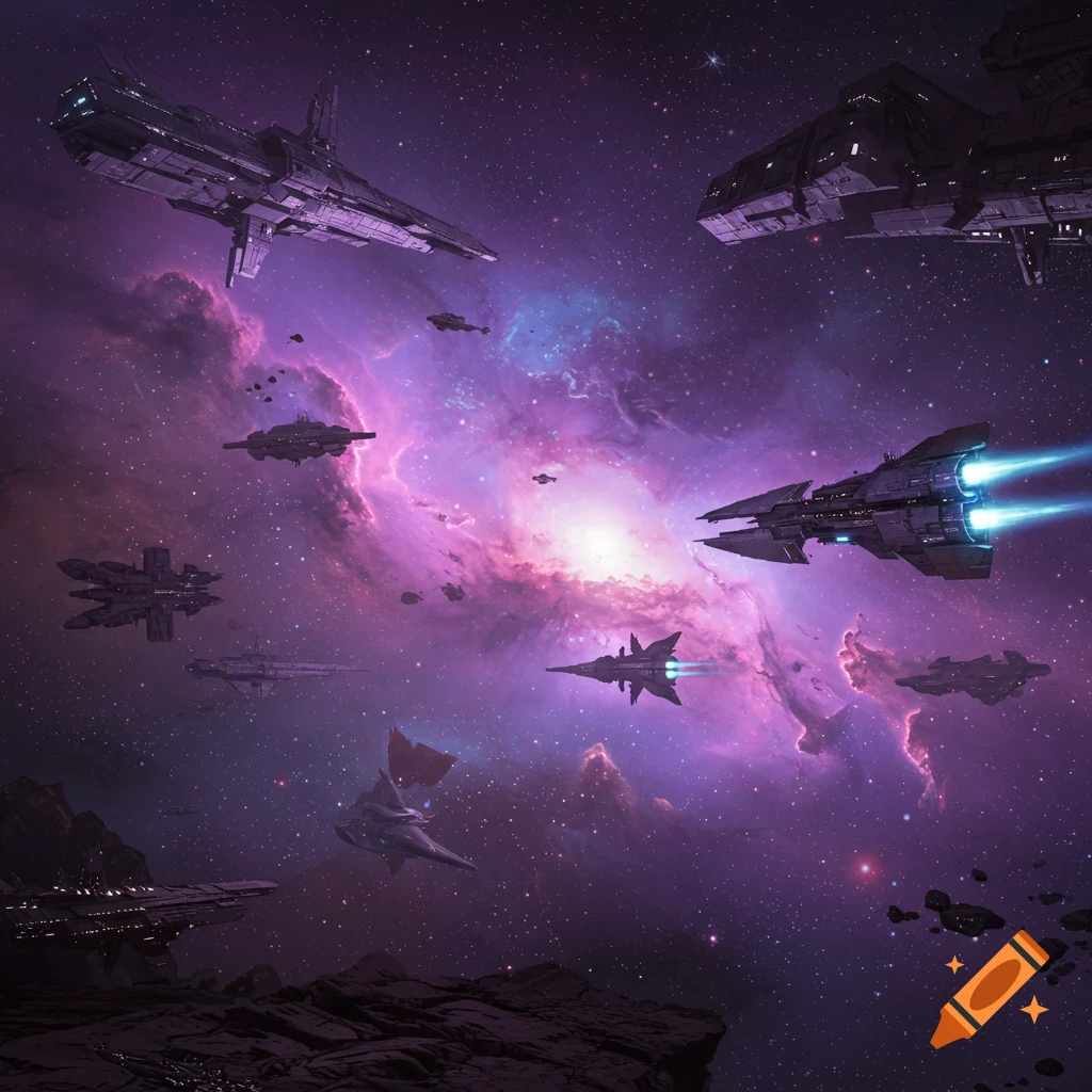 Futuristic spaceships flying through a colorful nebula in space.