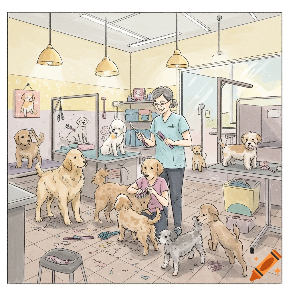 A cartoon illustration shows various dogs being groomed in a bustling dog salon.