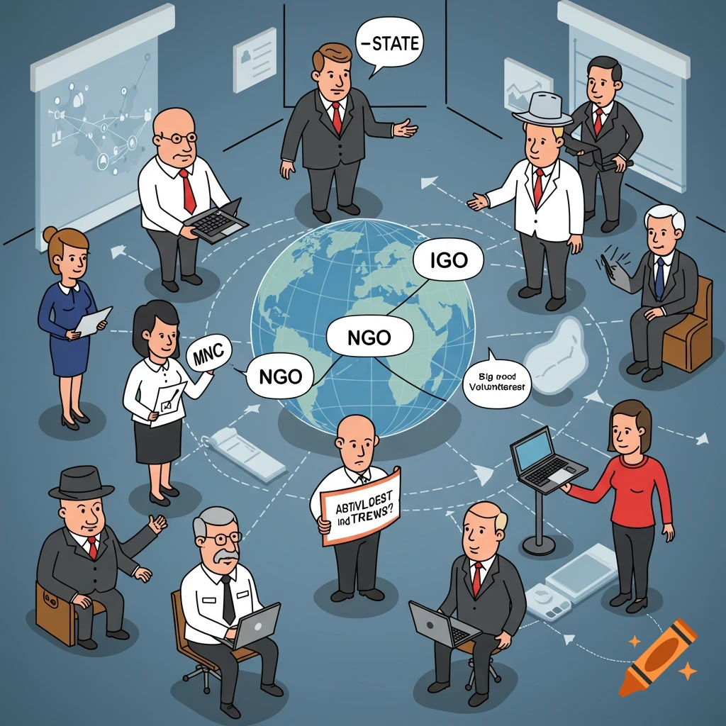 Cartoon diagram showing people representing State, IGO, NGO, and MNC around a globe with connecting lines.