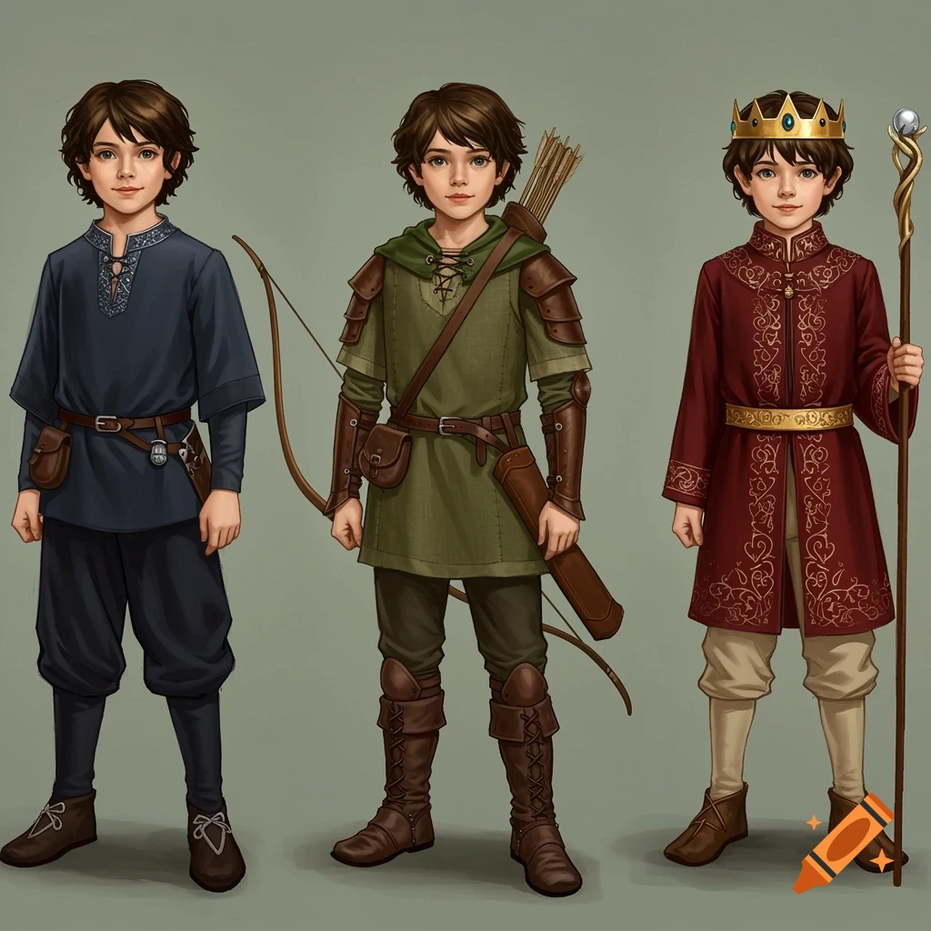 A young boy is shown in three different fantasy costumes: a blue tunic, an archer's outfit, and a regal robe with a crown and staff.