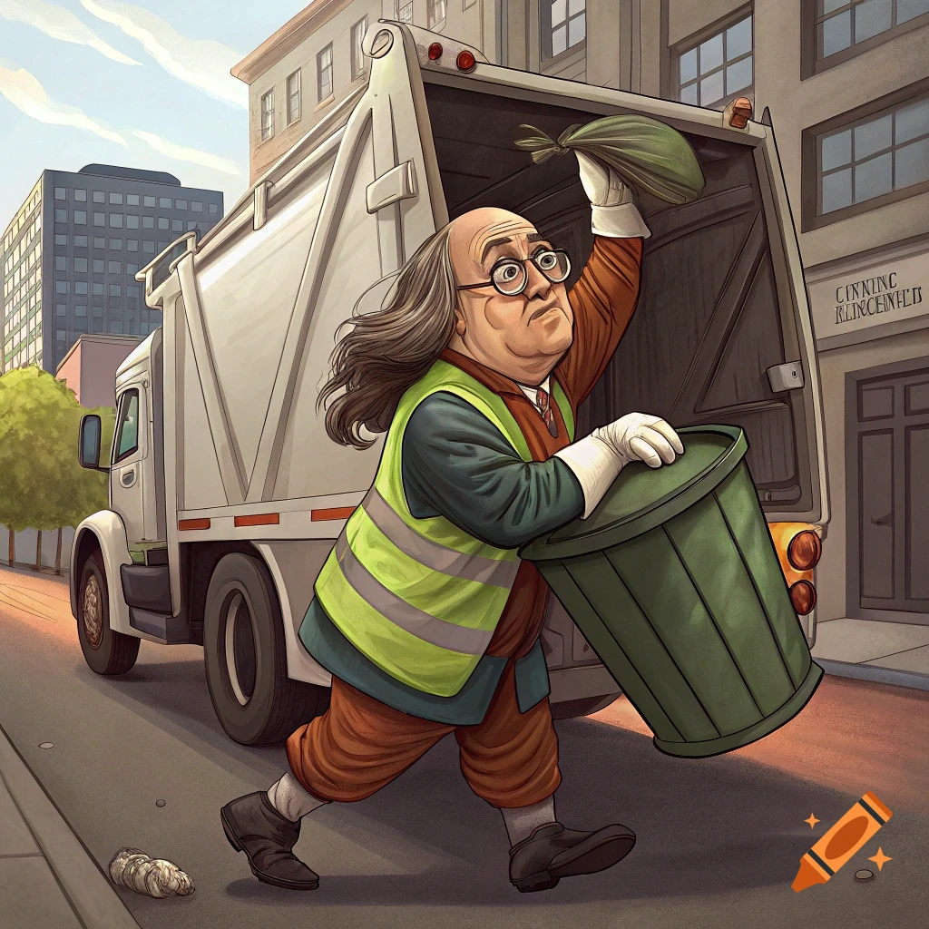Cartoon of Ben Franklin as a garbage man, hanging from a garbage truck with a trash can on a city street.