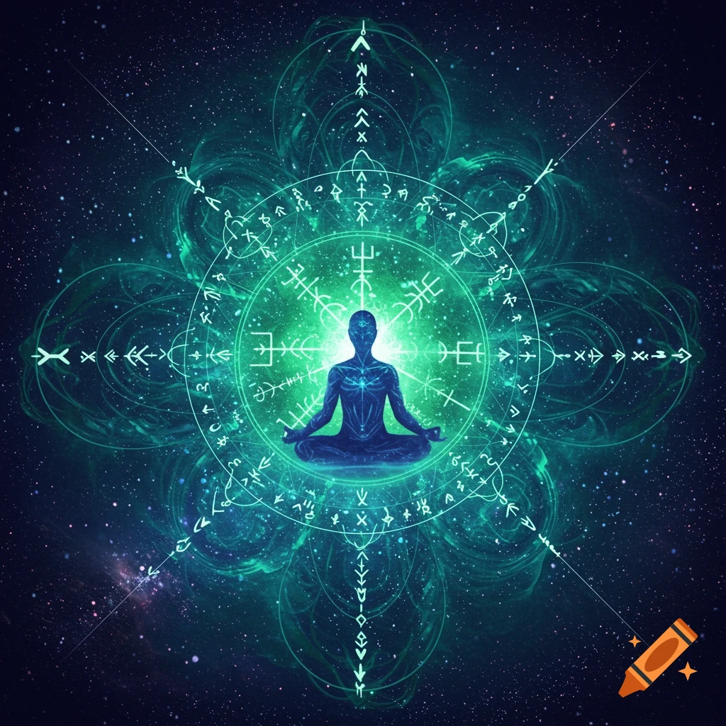 A meditating figure surrounded by glowing green symbols and light against a cosmic background.