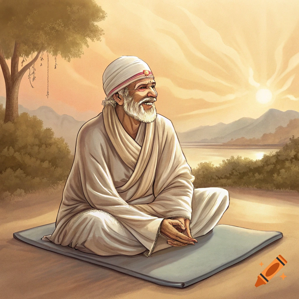 Illustration of a man in white robes meditating outdoors at sunset