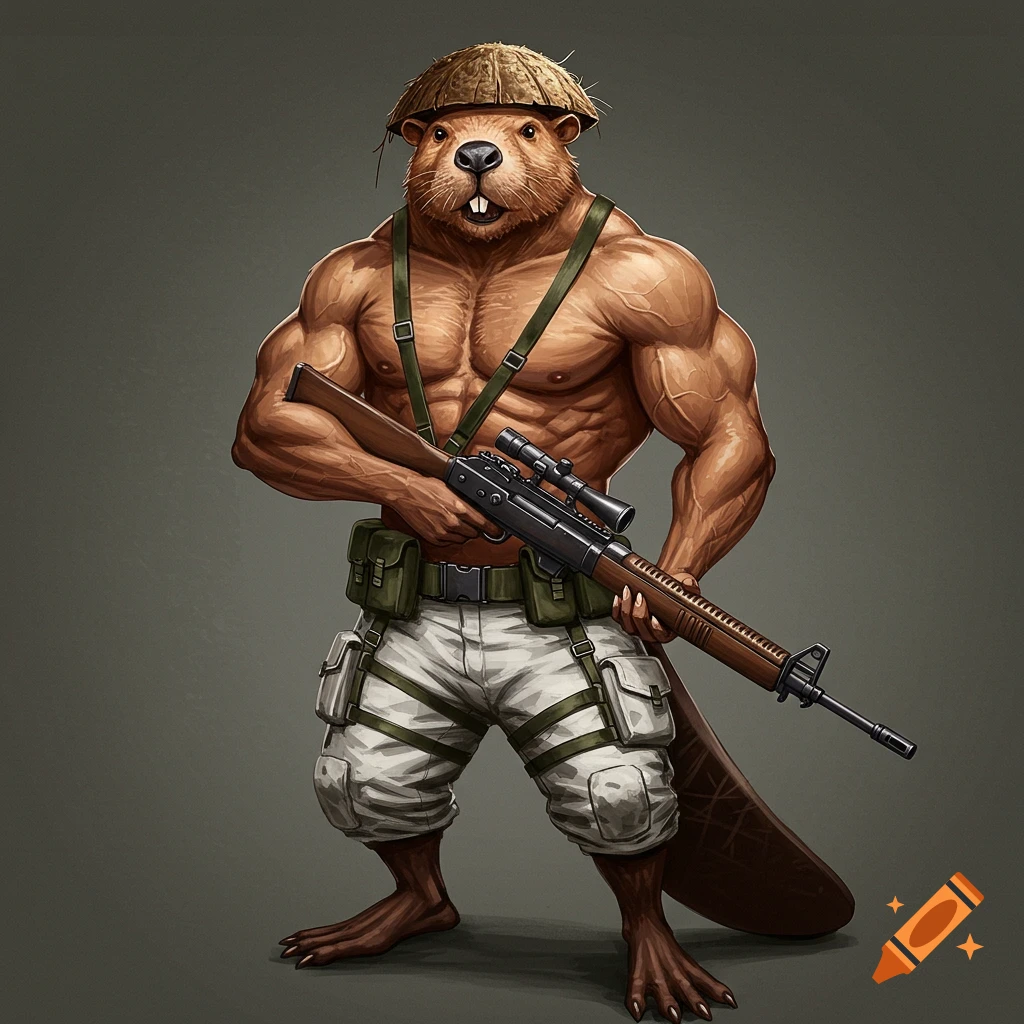 A muscular beaver in army pants and coconut hat holding a rifle.