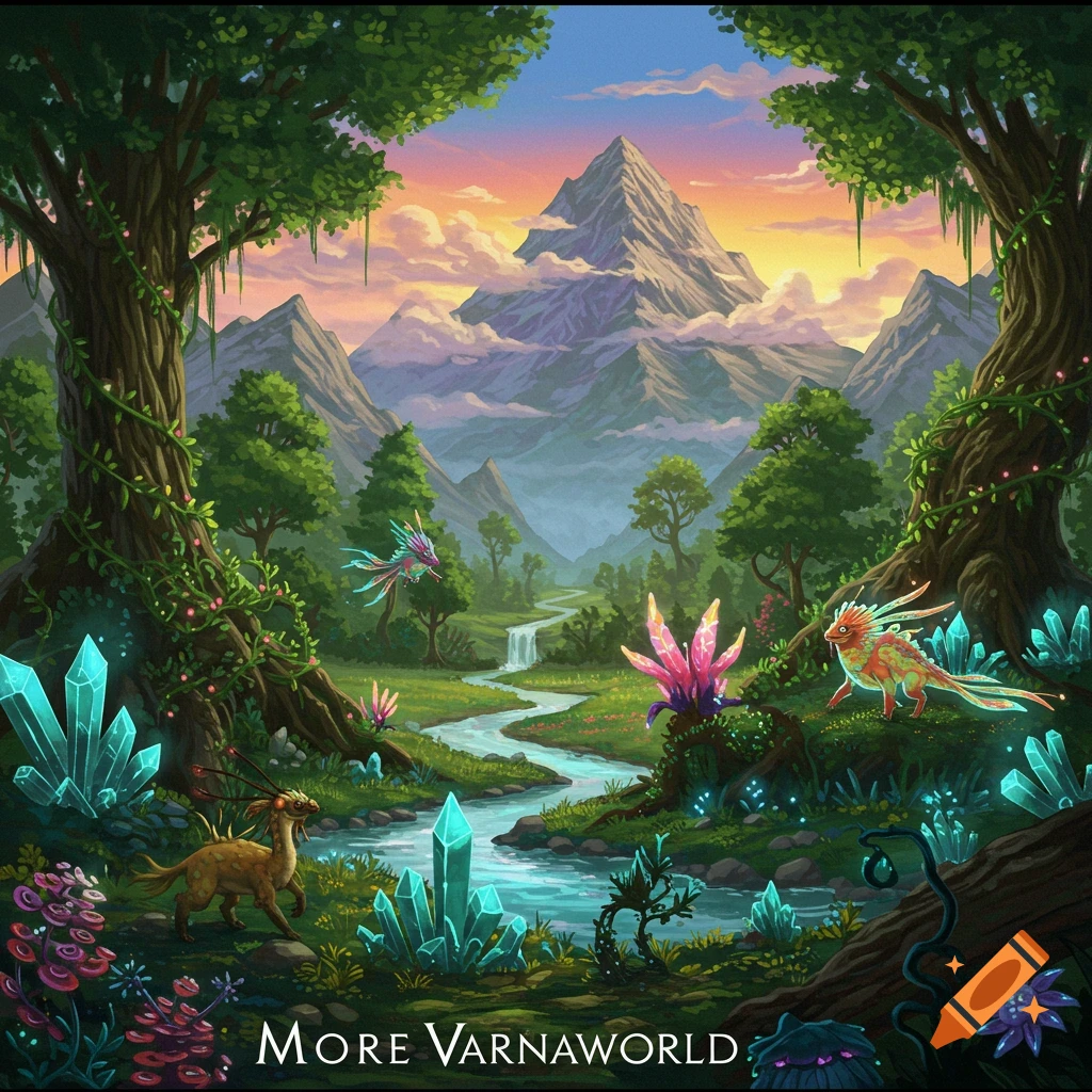 A vibrant fantasy valley with mountains, river, creatures, and glowing crystals at sunset.