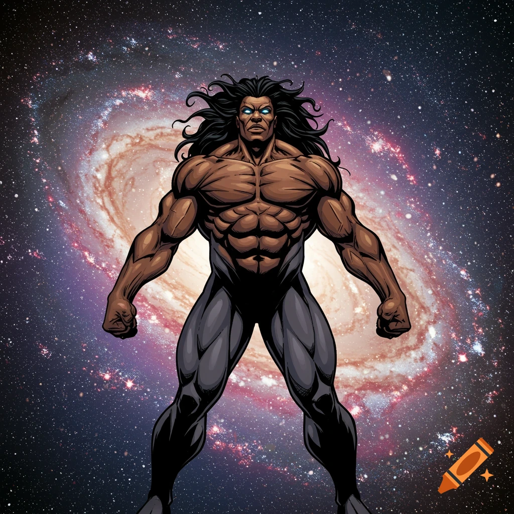 Muscular comic art superhero standing in front of a galaxy