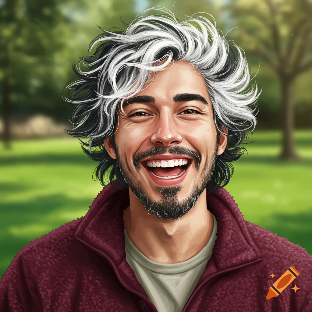 A smiling young man with unruly white and black hair and a beard, wearing a maroon jacket, in a park.