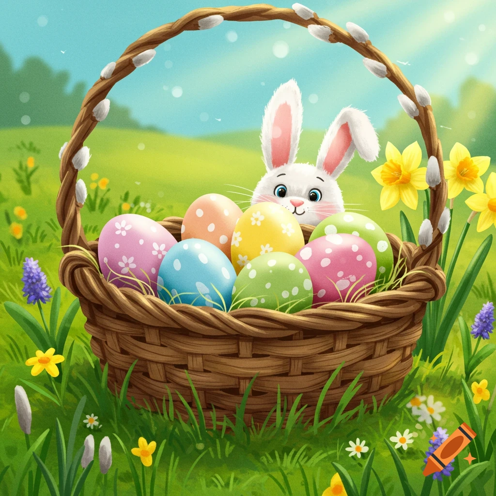 An Easter bunny peeking over a basket of colorful Easter eggs in a field.