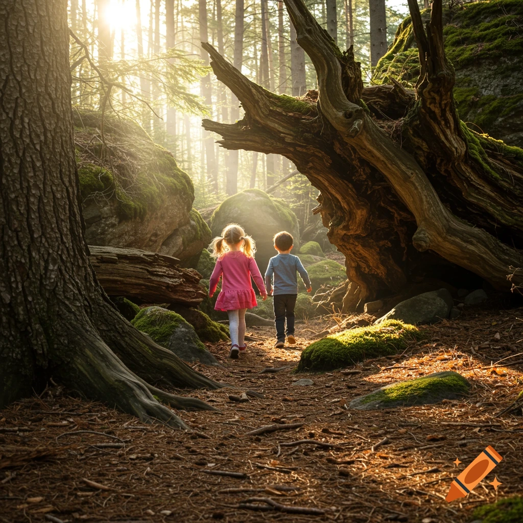 Two children walk into a sunlit forest path towards a passage under fallen trees.