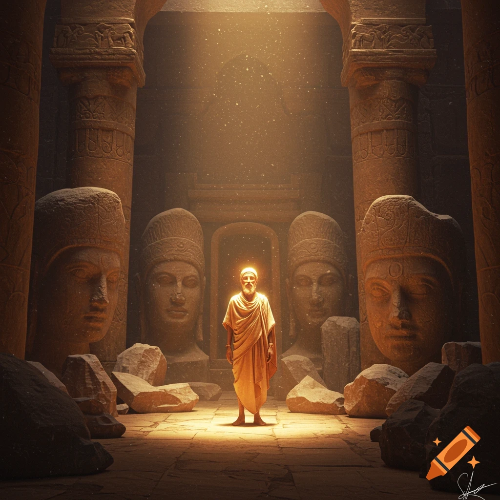 Radiant holy man stands in ancient temple with stone idols, dramatic light