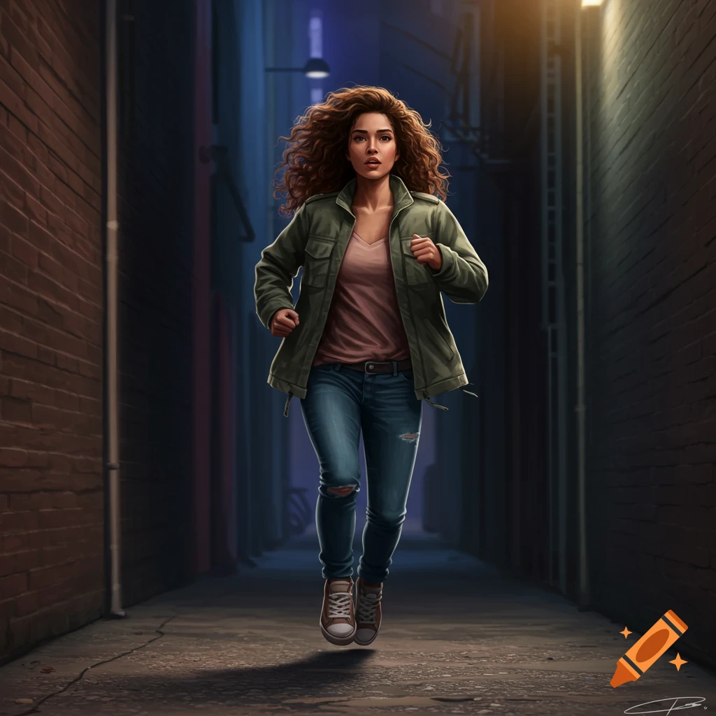 A woman runs through a dimly lit alley.