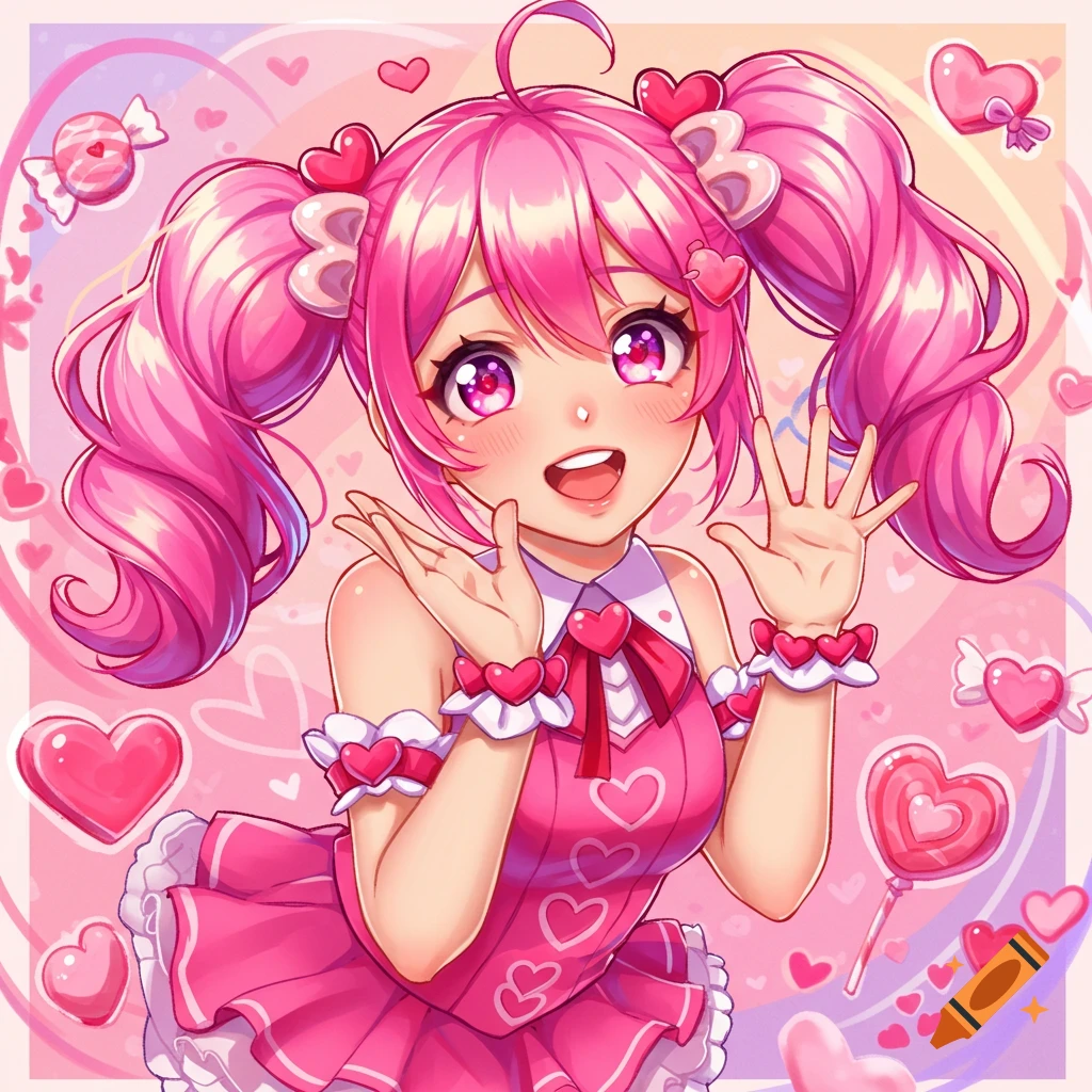 Anime girl with pink hair in pigtails and pink dress surrounded by hearts and candy