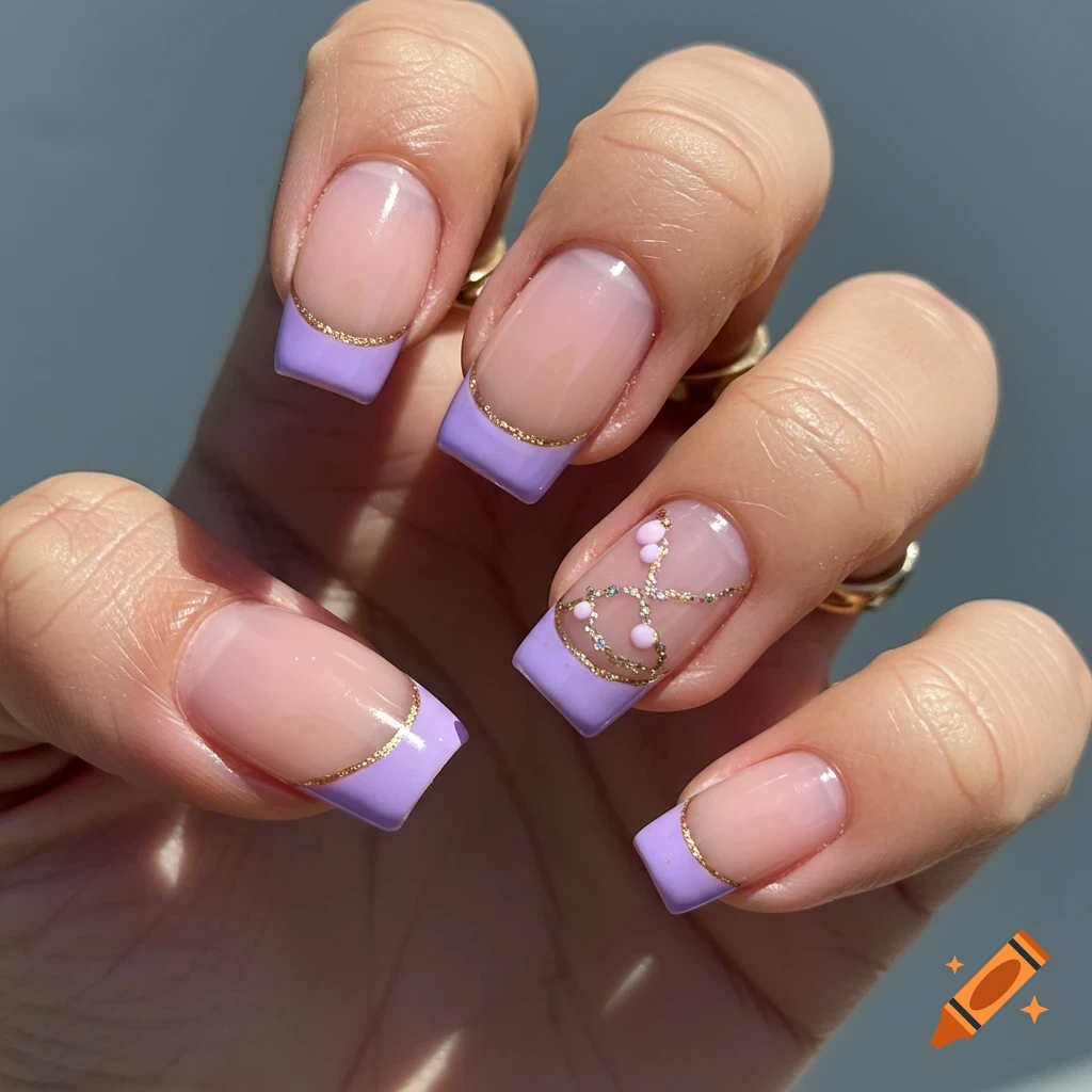 Hand with light purple french tip nails, gold underline, and decorative swirls/beads on one nail.