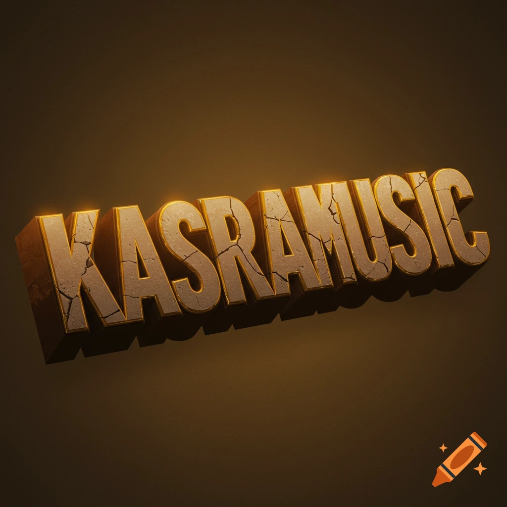 3D rendering of the word KASRAMUSIC with a cracked stone texture