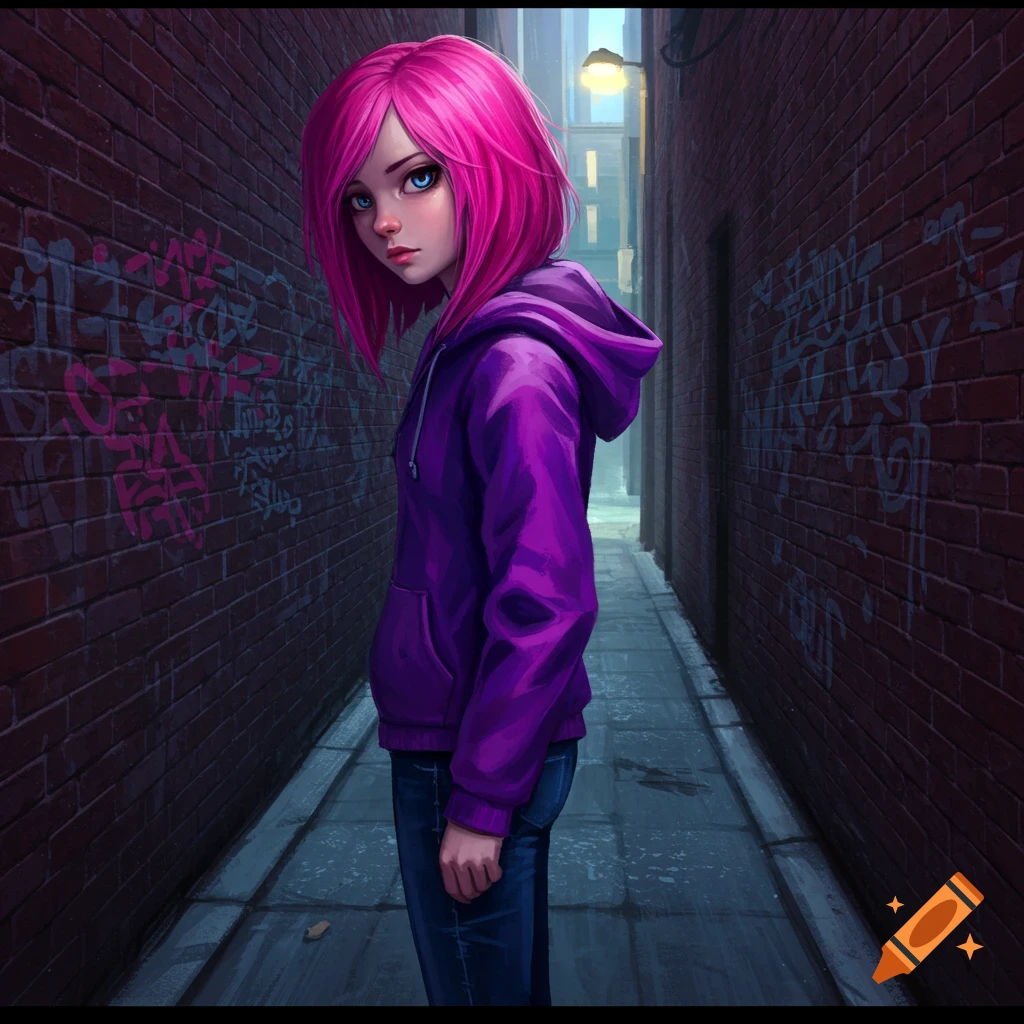 A girl with pink hair and a purple hoodie standing in a dark alleyway with graffiti.