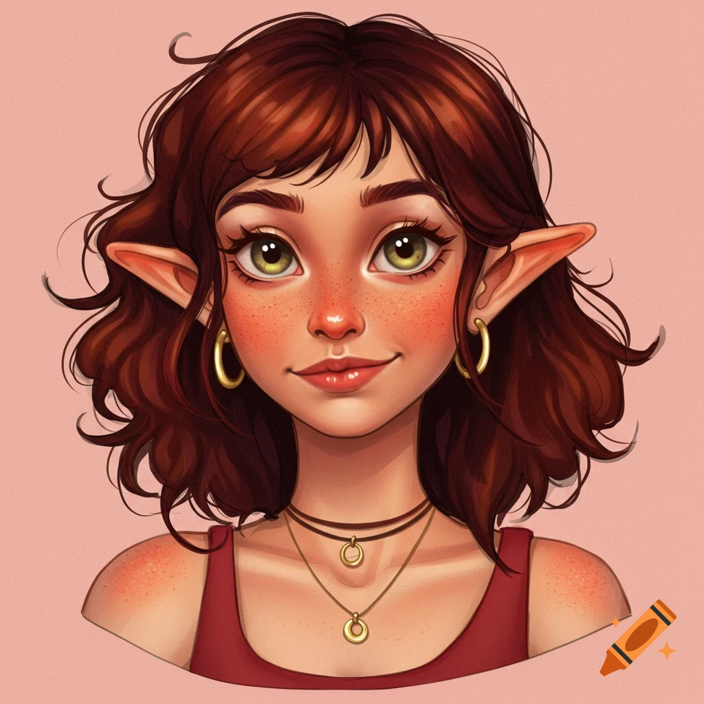 Stylized digital illustration portrait of a young woman with elf ears, brown hair, green eyes, freckles, and gold earrings.