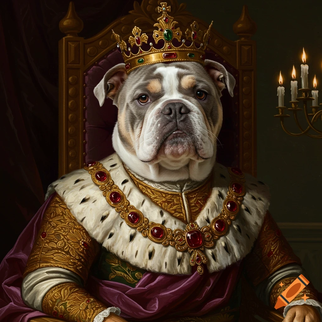 A bulldog dressed as an emperor sitting on a throne