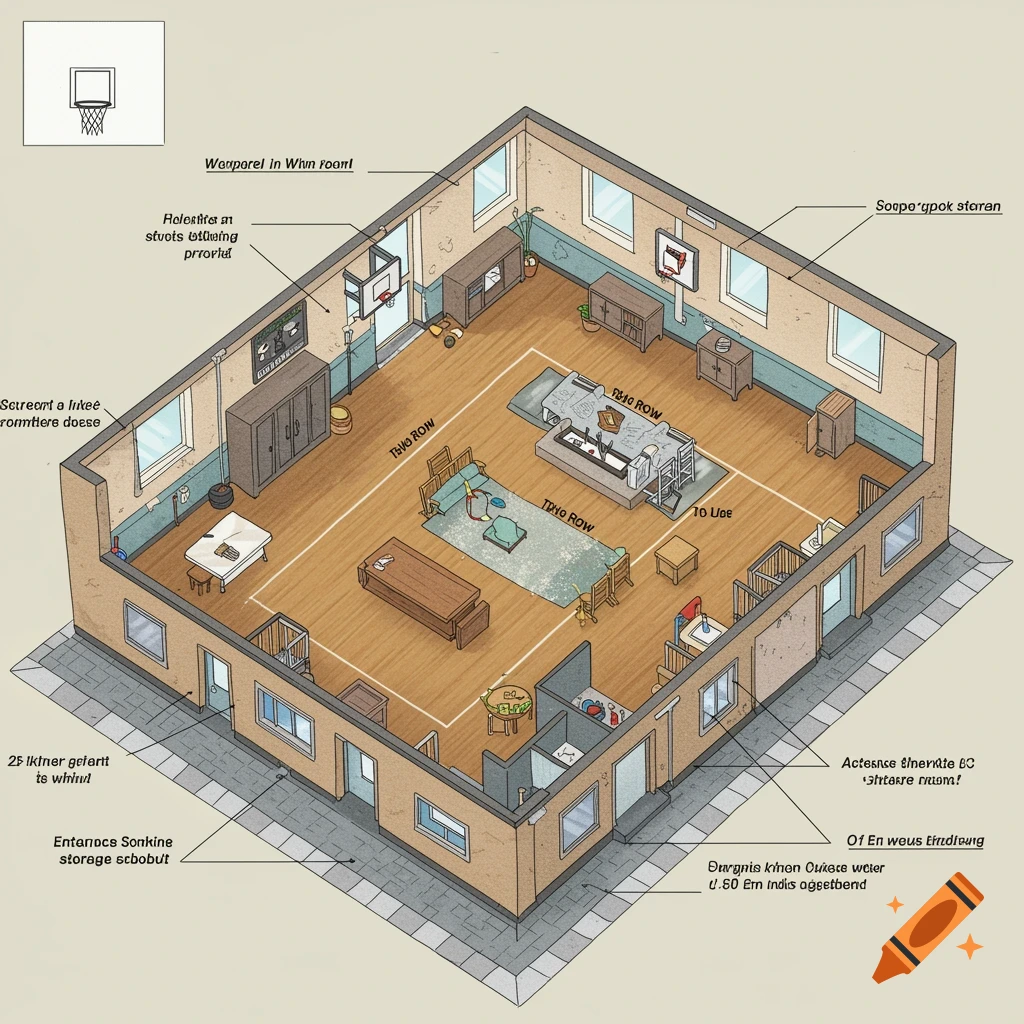 Isometric illustration diagramming a school gym classroom with furniture arranged in a home-like setting and gibberish labels pointing to areas.