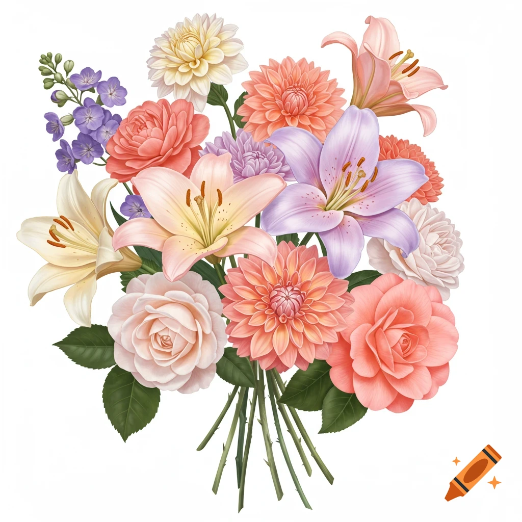 A pastel flower bouquet with roses, lilies, dahlias, and camellias.