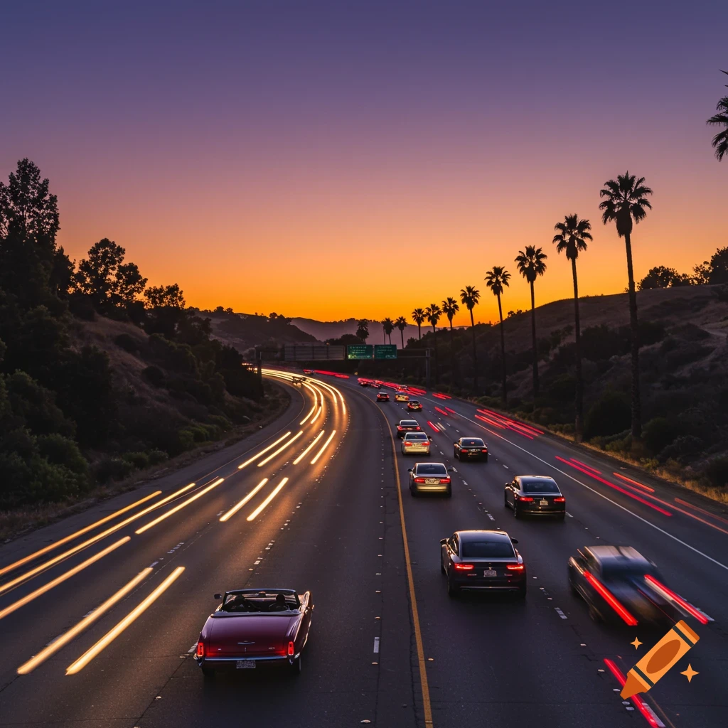 Highway at sunset with car light trails and palm trees